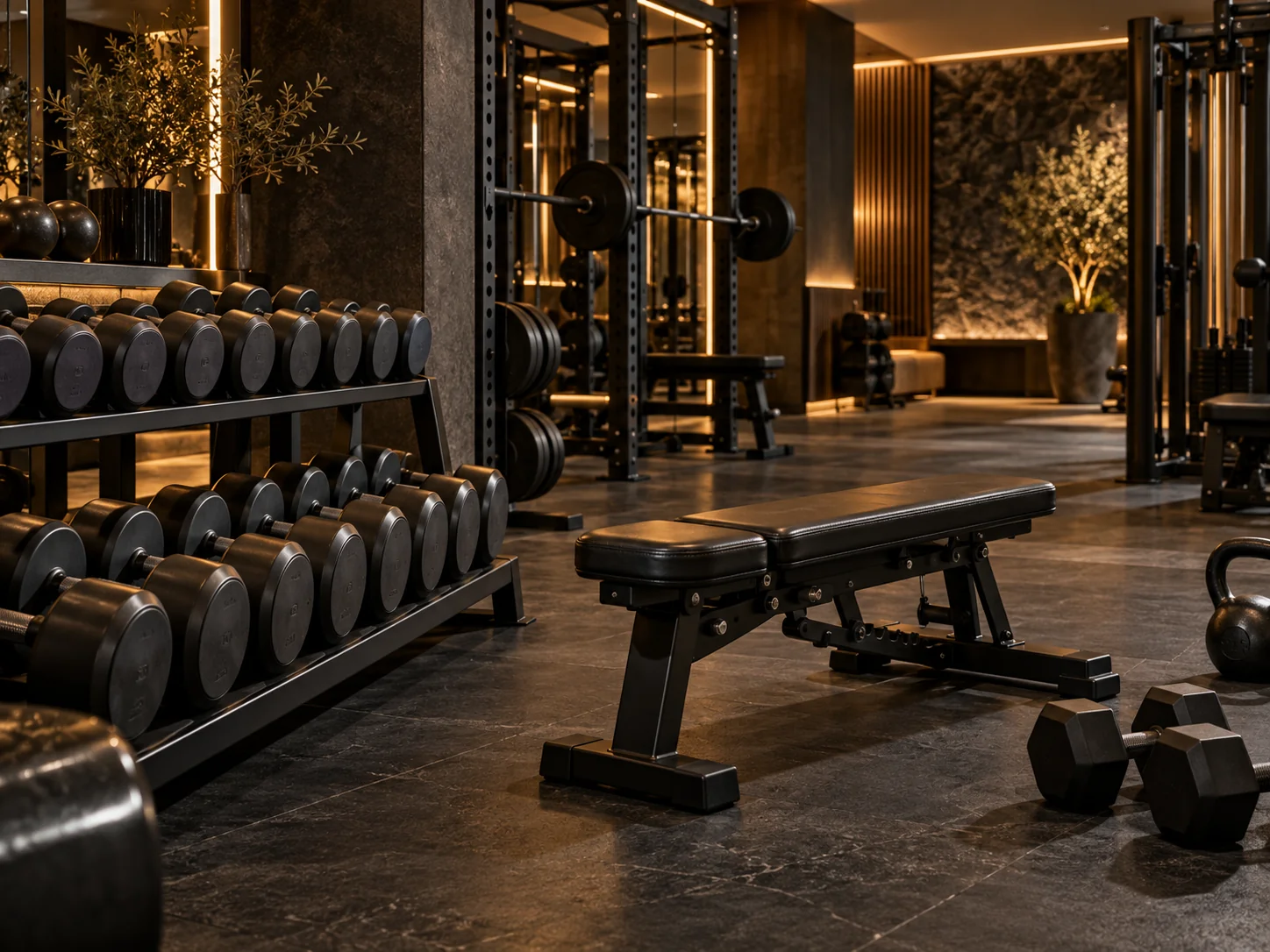 Area allenamento con pesi e attrezzature in una palestra premium