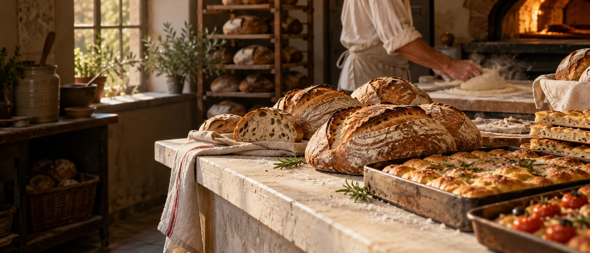 Pane artigianale e focacce appena sfornati sul banco di un panificio