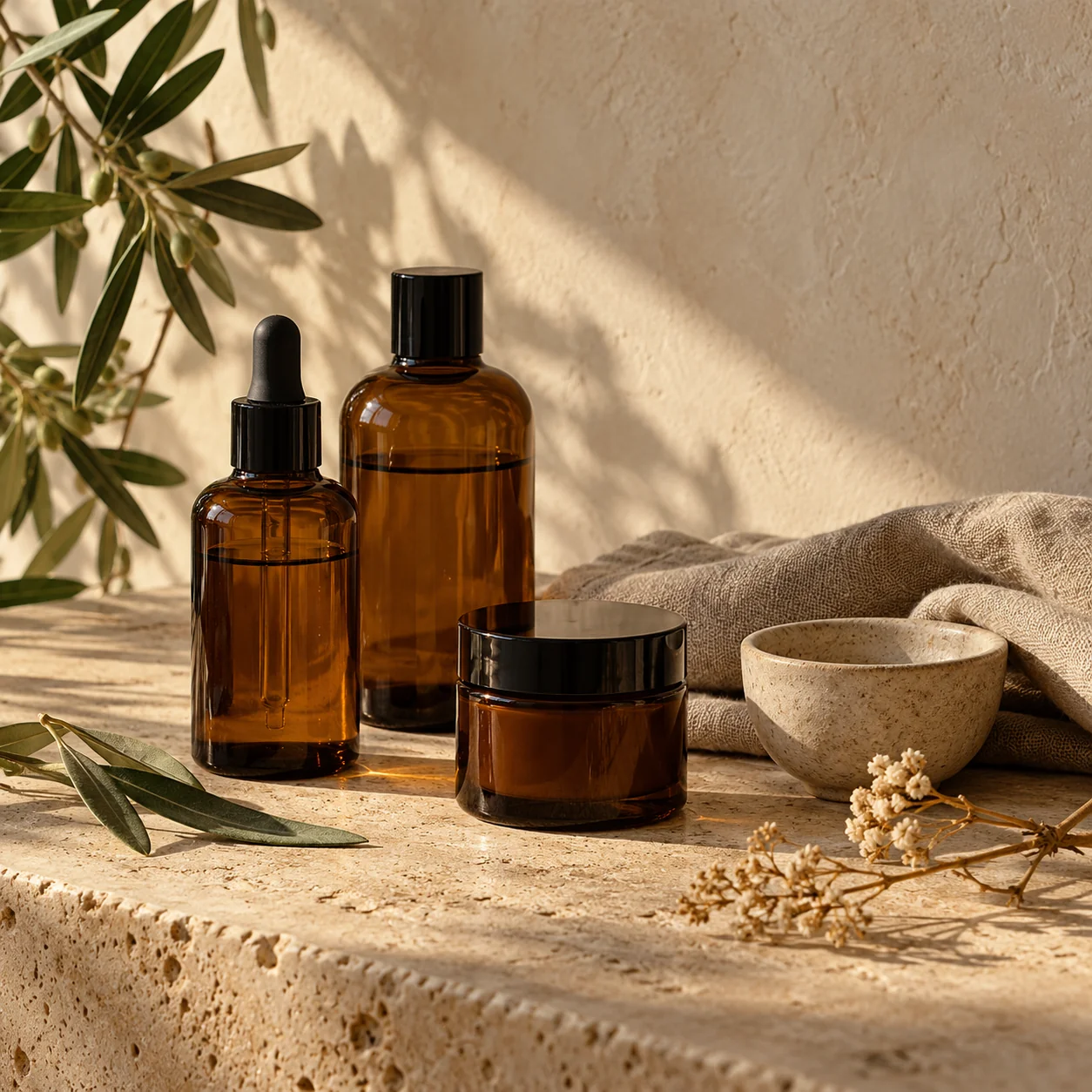 Dettagli di prodotti skincare su una superficie in pietra naturale