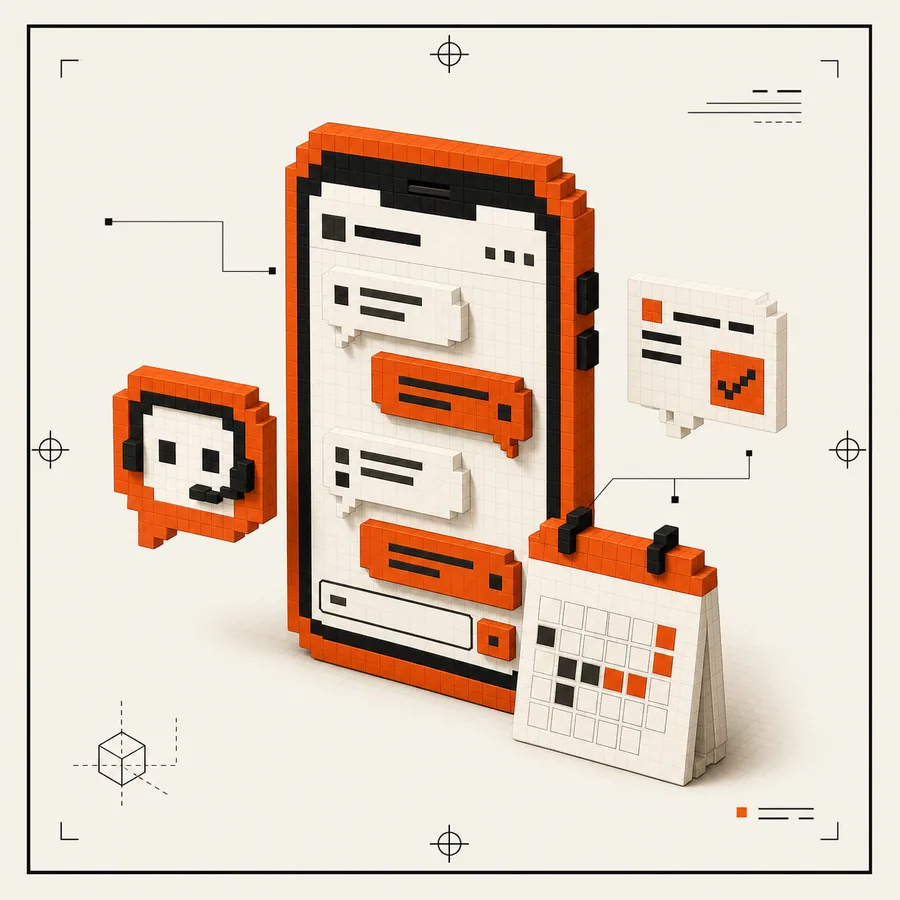 Illustrazione voxel arancione di SecretarIA con telefono, messaggi e calendario
