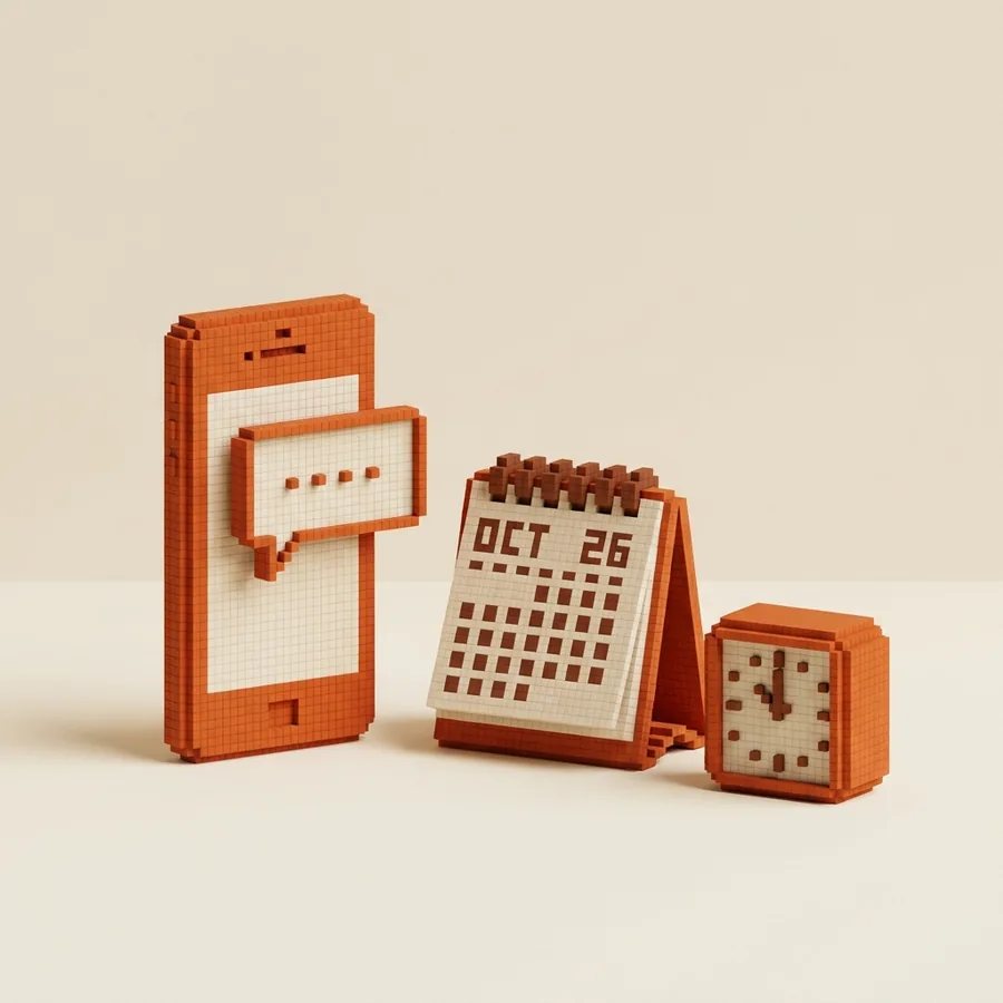 Composizione voxel arancione: telefono con messaggio, calendario e orologio